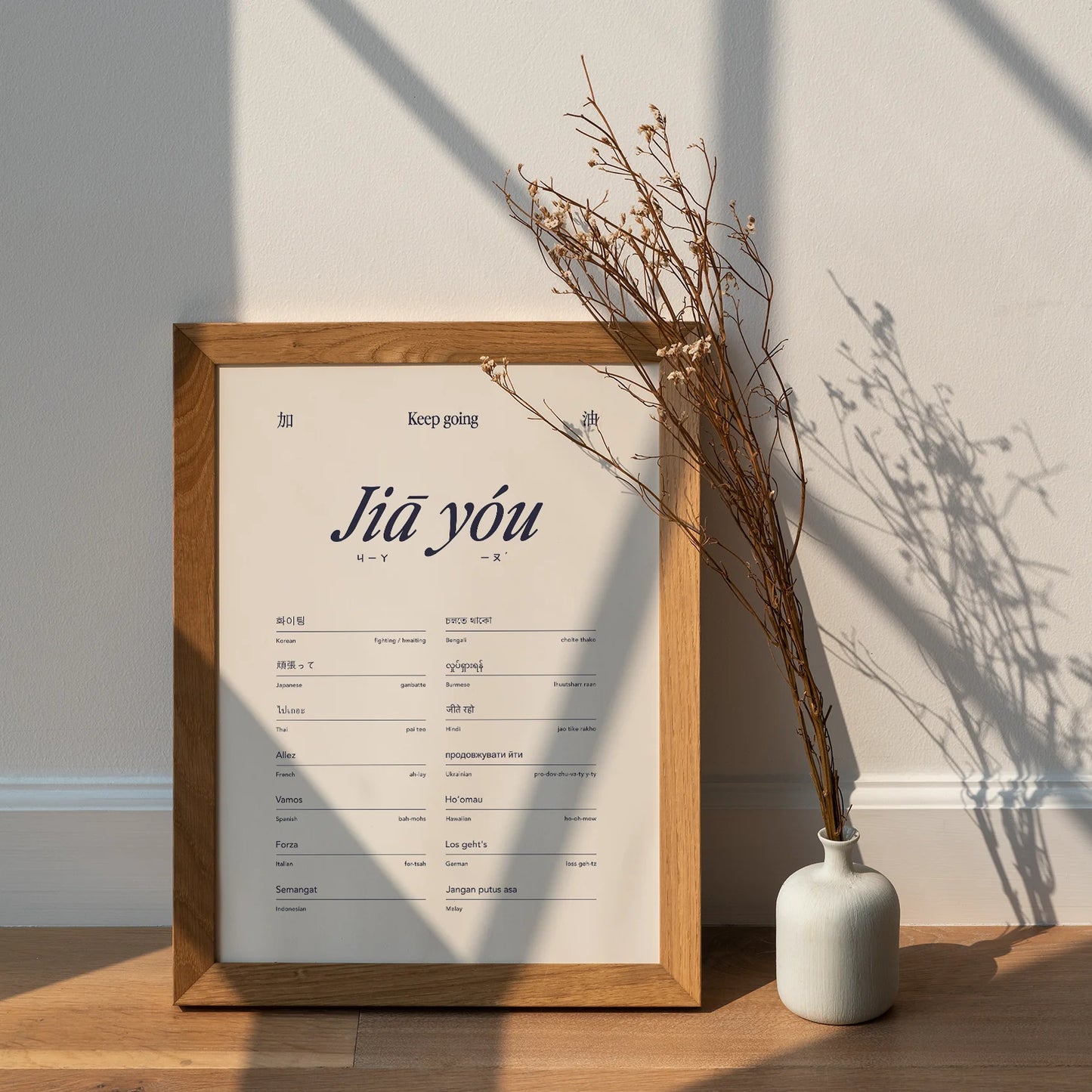 Jiā Yóu Art Print (dark blue on beige)