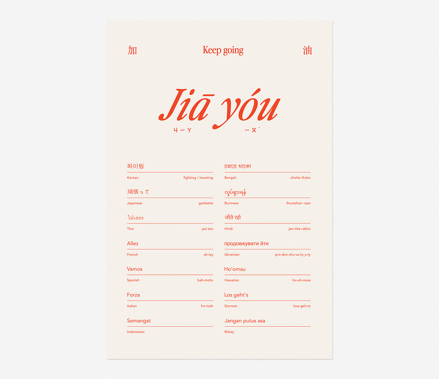 Jiā Yóu Art Print (red on beige)